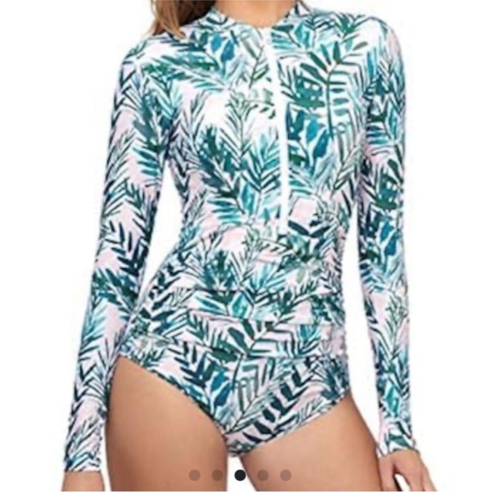 AXESEA Rash Guard Long Sleeve One Piece Swimsuit Ruched Zip Front Sz 14